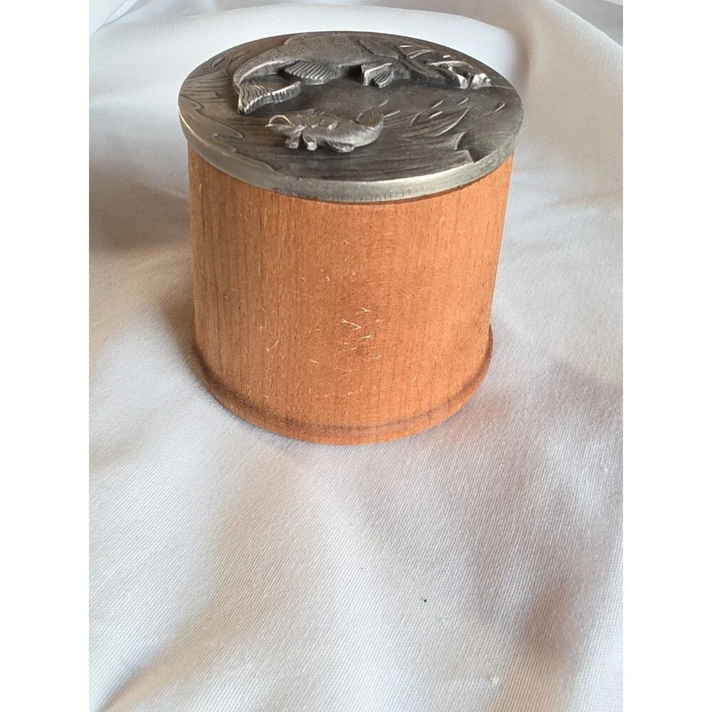 Vintage M.S. Dee Genuine Pewter Bass Fishing Trinket Box Wood w/ Matching Pin